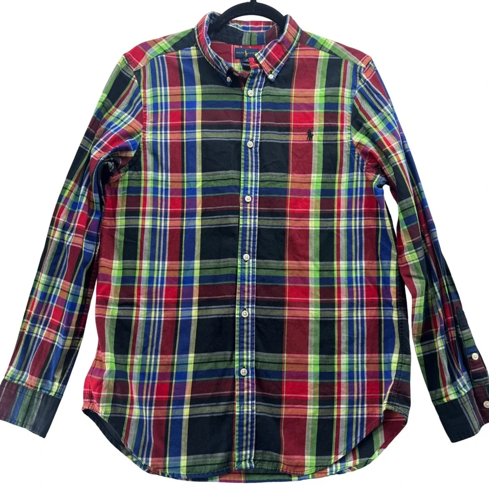 Ralph Lauren Boys XL Red Plaid Button Down Shirt Pony Logo Cotton Preppy Classic